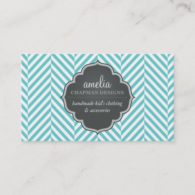 LOGO modern herringbone pattern grey turquoise Business Card (Front)