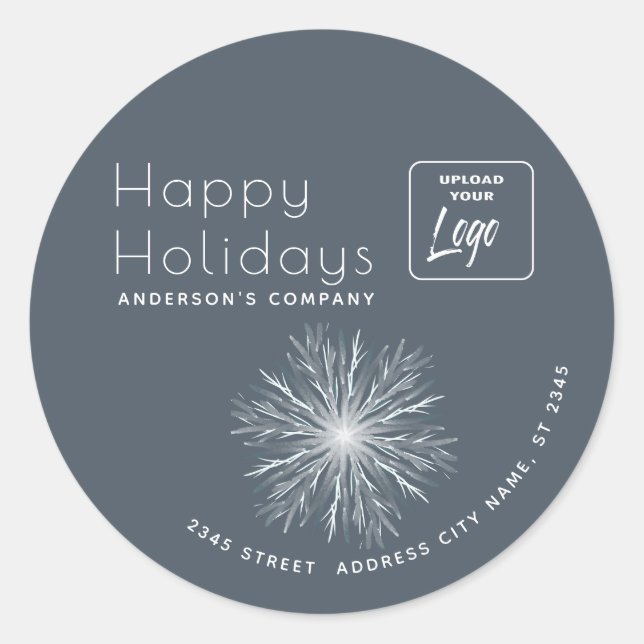 Logo modern watercolor snowflake Happy Holidays Classic Round Sticker (Front)