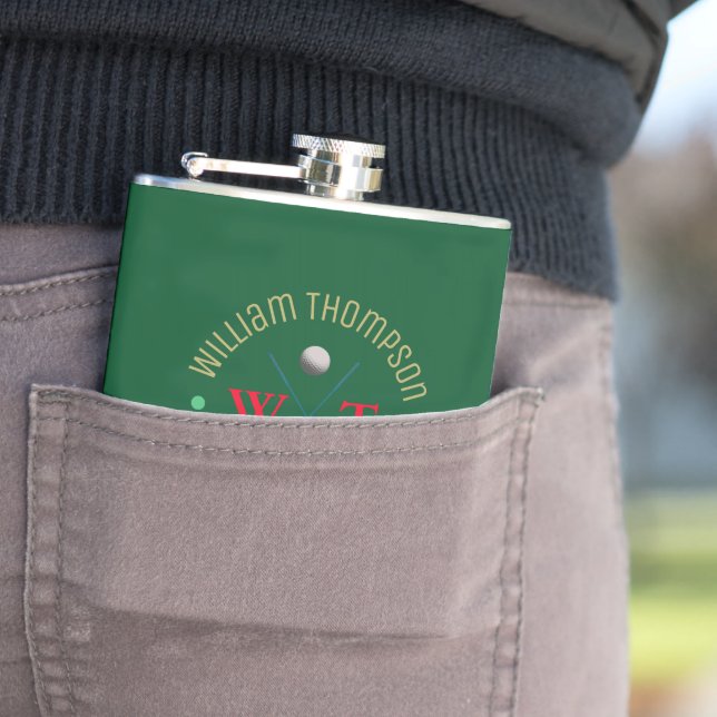 Logo Monogram for a Golf-player Green Hip Flask (In Situ)