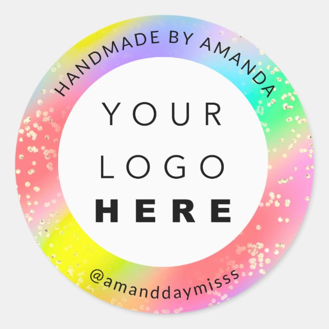 Logo  Name Gold Confetti  Holographic Rainbow Classic Round Sticker (Front)