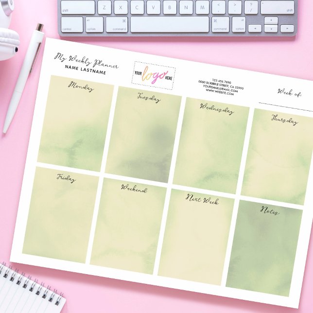 Logo Name Olive Green Watercolor Weekly Planner Notepad (Creator Uploaded)