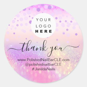 Logo Name Thank You Business Pink Rose Glitter Classic Round Sticker