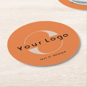 Logo on Orange + Black Text Company Business Round Paper Coaster