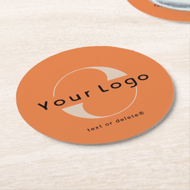 Logo on Orange + Black Text Company Business Round Paper Coaster (Angled)