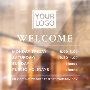 Logo opening hours welcome white text transparent