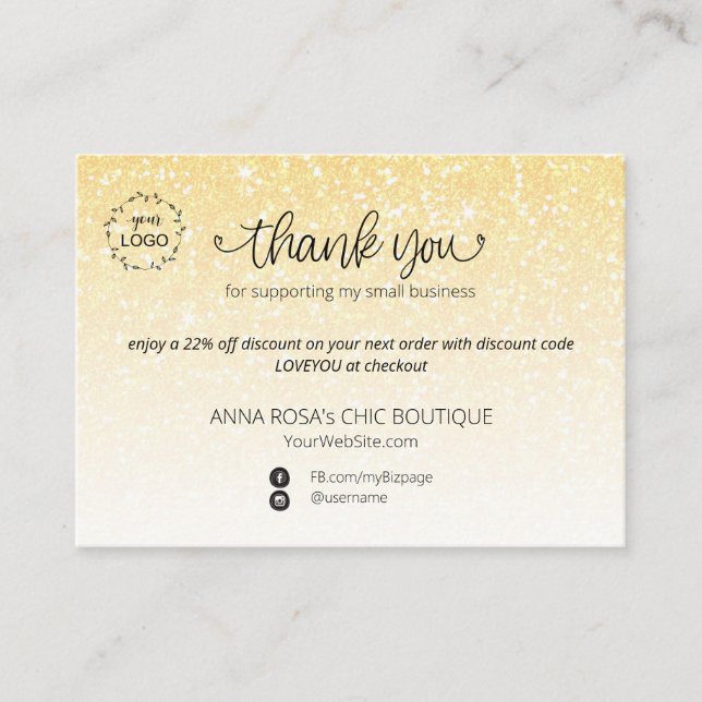 *~* Logo  Pastel Glitter Thank You Branding QR Enclosure Card (Front)
