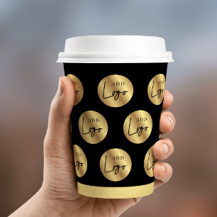 Logo Pattern Black & Gold Company Branded Event Paper Cups