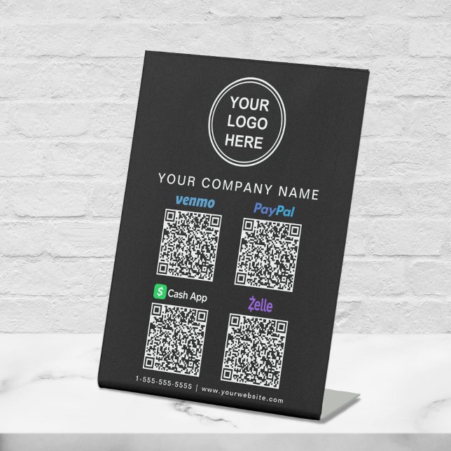 Logo Paypal Venmo CashApp Zelle QR Code Black Pedestal Sign (Our versatile QR Code sign enables you to receive payments anytime, anywhere)