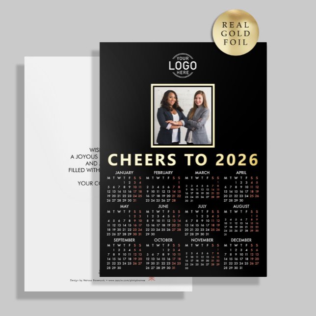 Logo Photo Black Minimalist Calendar 2026 Business Foil Holiday Card (Creator Uploaded)