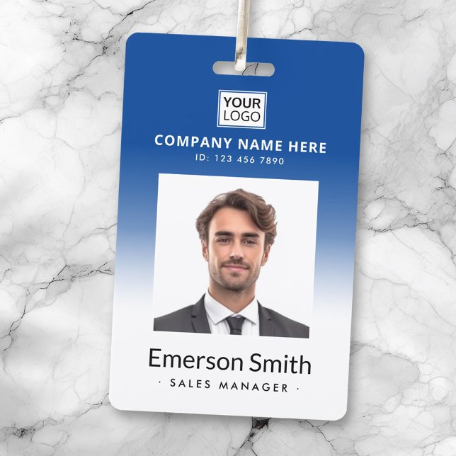 Logo photo blue gradient employee name title id badge (Creator Uploaded)