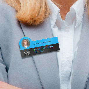 Logo Photo ID Modern Sky Blue Black Business Title Name Tag