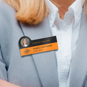 Logo Photo ID Stylish Simple Orange Black Business Name Tag