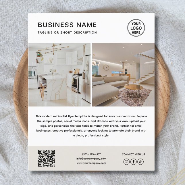Logo Photo Minimalist Business Flyer (Editable minimalist business flyer with logo, QR code, and social media icons — fully customizable.)