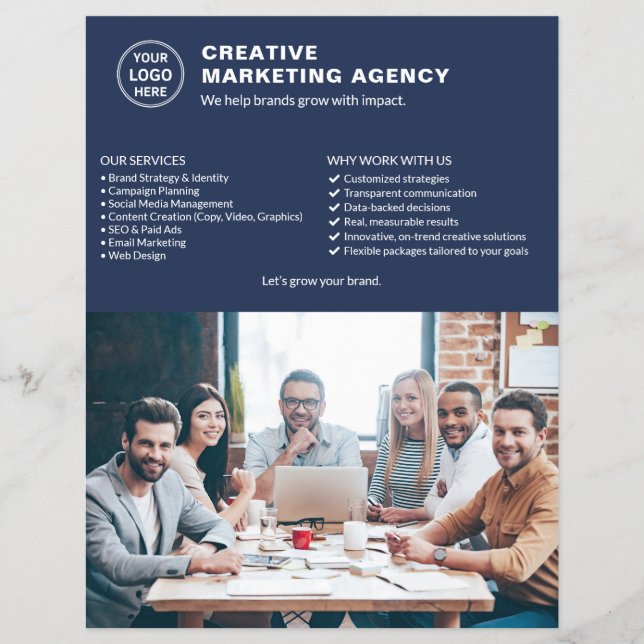 Logo Photo Navy Blue Marketing Creative Business Flyer (Front)