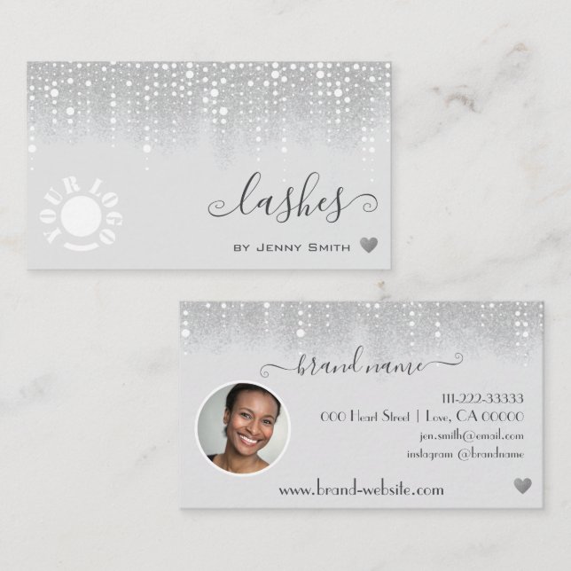 Logo Photo Template Pretty Silver Glitter Rain Business Card (Front/Back)