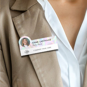 Logo Photo Title Sleek Faux Holographic Employee Name Tag