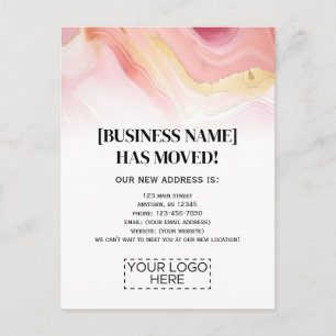 Logo Pink Gold Marble Business Moving Announcement Postcard