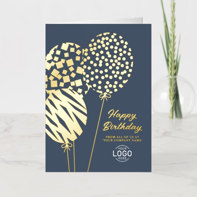 Logo Playful Balloons Dusty Blue Business Birthday Foil Holiday Card (Front)