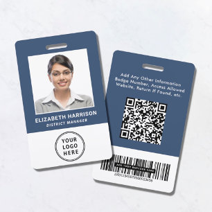 Logo QR Bar Codes Employee Photo Blue ID Badge