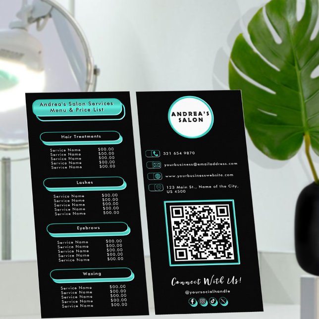 Logo & QR Code Beauty Salon Services Menu Teal (Creator Uploaded)
