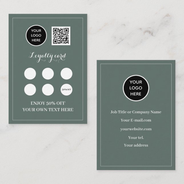 Logo QR Code Business Reward Punch Sage Green Loyalty Card (Front/Back)