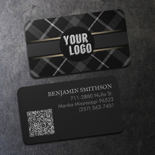 Logo & QR Code Charcoal Grey Plaid Modern Branded Business Card
