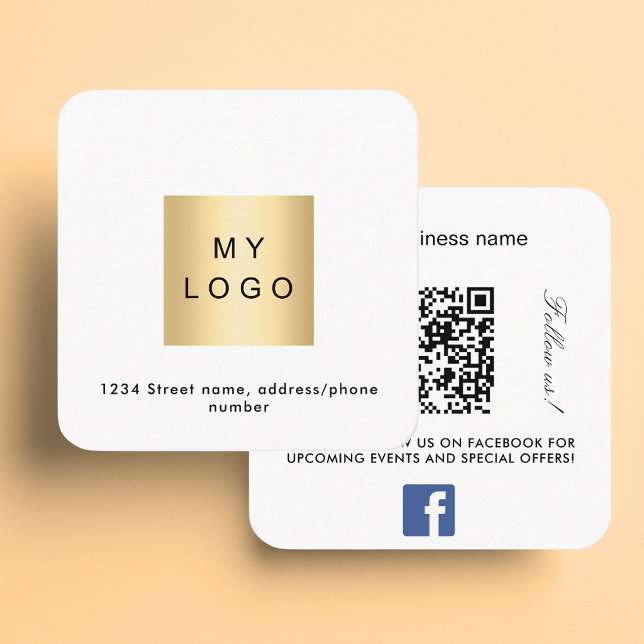 Logo QR code Facebook follow us white Square Business Card (Creator Uploaded)