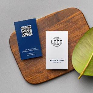 Logo QR Code Minimalist White Navy Blue Custom Business Card