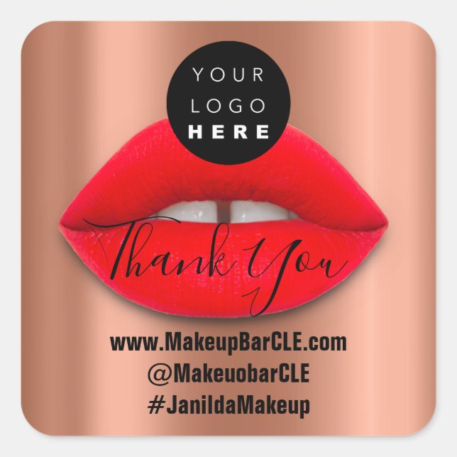 Logo QR Code Name Thank Shopping Red Lips Copper Square Sticker (Front)