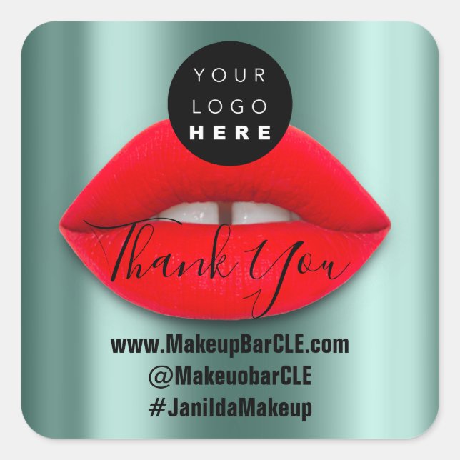 Logo QR Code Name Thank Shopping Red Lips Teal Square Sticker (Front)