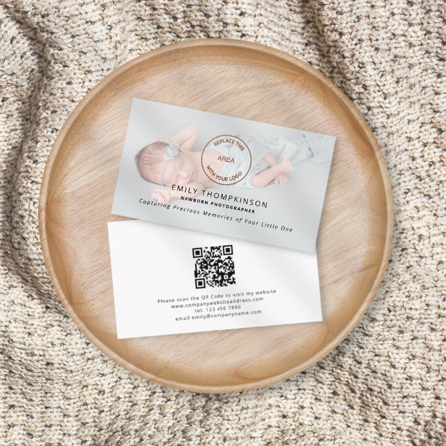 Logo QR Code Photo Overlay Newborn Photographer Business Card (Creator Uploaded)