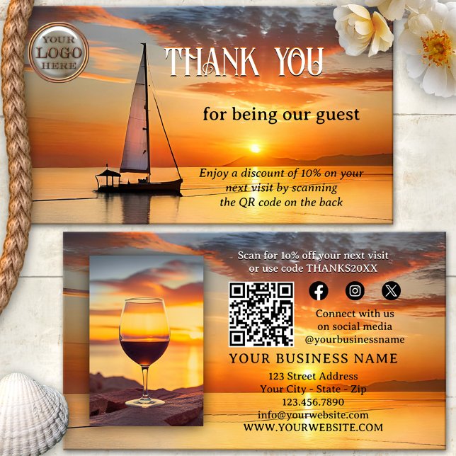 Logo QR Code Photo Thank You Guest House Business Card (Thank you for your visit photo business card featuring a sailboat at sunset at the coast - QR code )