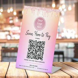 Logo QR Code Pink Glitter Drips Ombre Pay Here Pedestal Sign