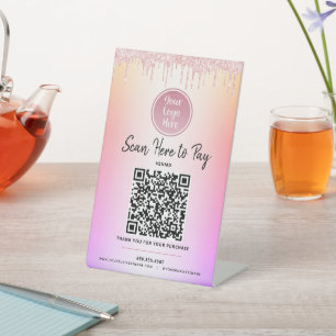 Logo QR Code Pink Glitter Pay Here Rainbow Ombre Pedestal Sign