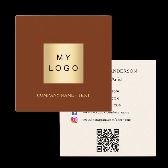Logo QR code social media rust brown beige Square Business Card (Creator Uploaded)