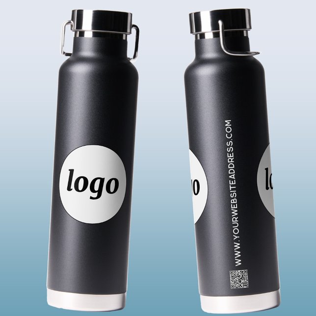 Logo QR Code Text Business Branding Promotional Water Bottle (Simple logo QR code custom text website business branding promotional black water bottle)