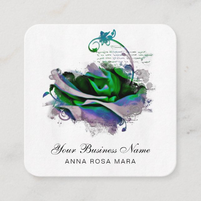 *~ Logo QR Lavender - Teal Rose Floral Flower Square Business Card (Front)