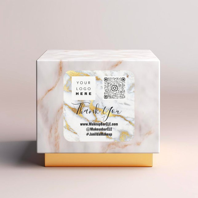 Logo QRCode Name Thank Shopping Faux Marble Gold Square Sticker (Logo QRCode Name Thank Shopping Faux Marble Gold Square Sticker)