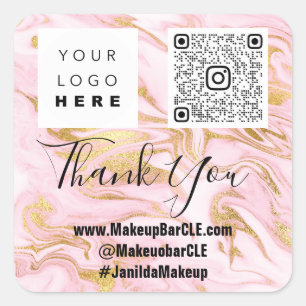 Logo QRCode Name Thank Shopping Marble Pink Gold Square Sticker