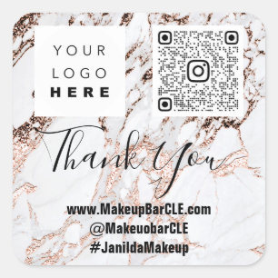 Logo QRCode Name Thank Shopping Marble Rose White Square Sticker