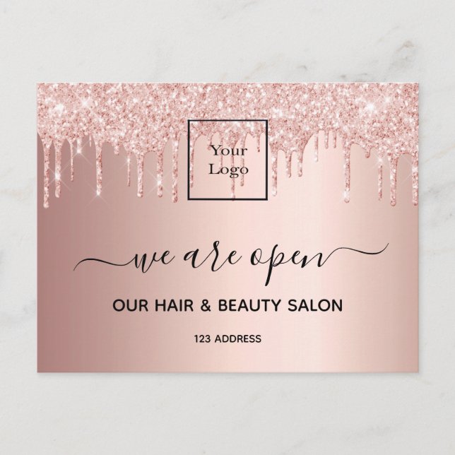 Logo reopening hair beauty salon rose gold glitter postcard (Front)