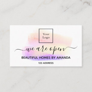 Logo reopening white pastels interior designer business card