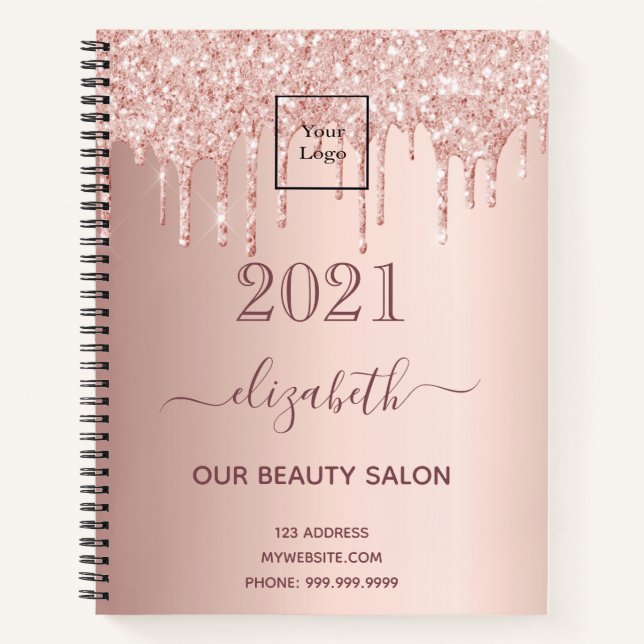 Logo rose gold glitter drips beauty salon  notebook (Front)