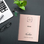 Logo rose gold monogram metal business 2025 planner<br><div class="desc">A rose gold faux metallic looking background. Personalise and add your business logo,  year,  first name,  monogram initials and full name.  Your company logo both on front and on the back.</div>