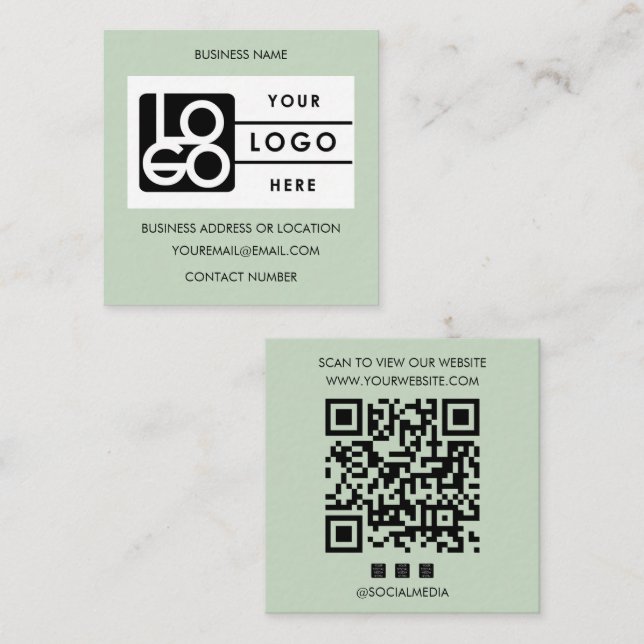 Logo Sage Green QR Code Website Social Media Square Business Card (Front/Back)