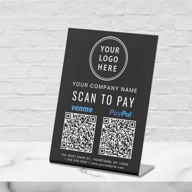 Logo Scan to Pay Paypal Venmo QR Codes Black Pedestal Sign (Our versatile QR Code sign enables you to receive payments anytime, anywhere)