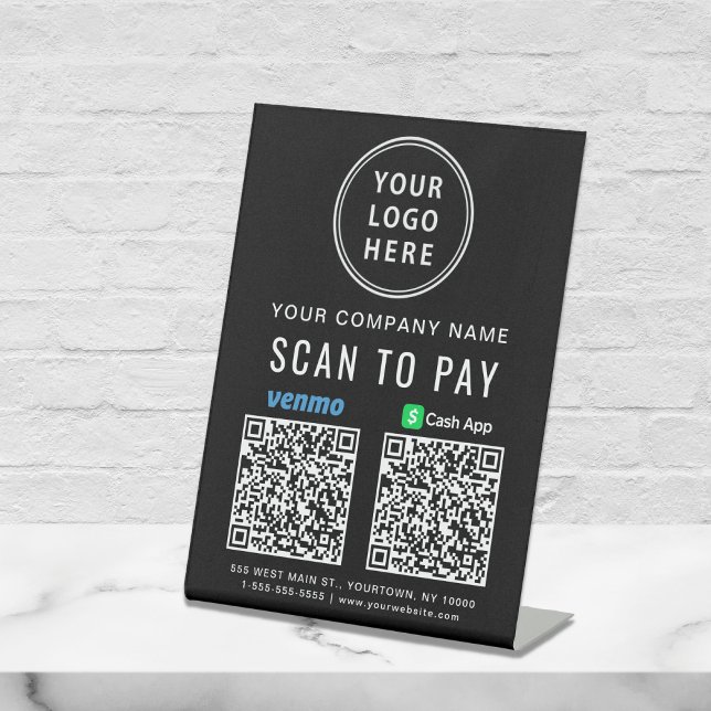 Logo Scan to Pay Venmo CashApp QR Codes Black Pedestal Sign (Our versatile QR Code sign enables you to receive payments anytime, anywhere)