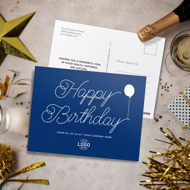 Logo Script Minimal Navy Blue Business Birthday Postcard (Creator Uploaded)