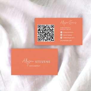 Logo script white coral orange hair makeup qr code business card