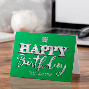Logo Silver 3d Bright Green Business Birthday Card